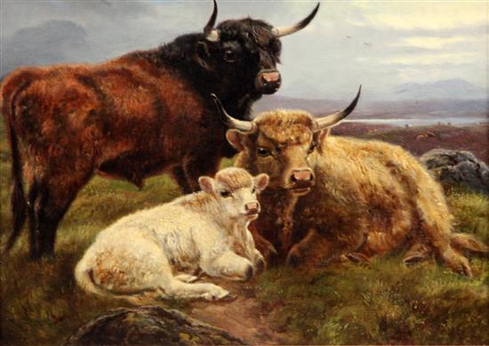 Robert Watson (fl.1877-1920) Highland cattle and sheep in landscapes 9.5 x 13.5in.